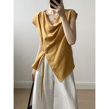 Swing Collar Tencel Shirt Women Summer Waist Controlled Self Tie Slit Sleeveless Shirt