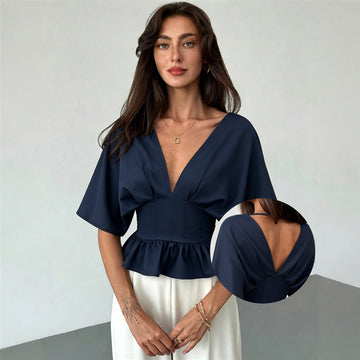 Women Clothing V neck Batwing Sleeve Top Backless Waist Trimming Slimming Flounce Hem Short T shirt