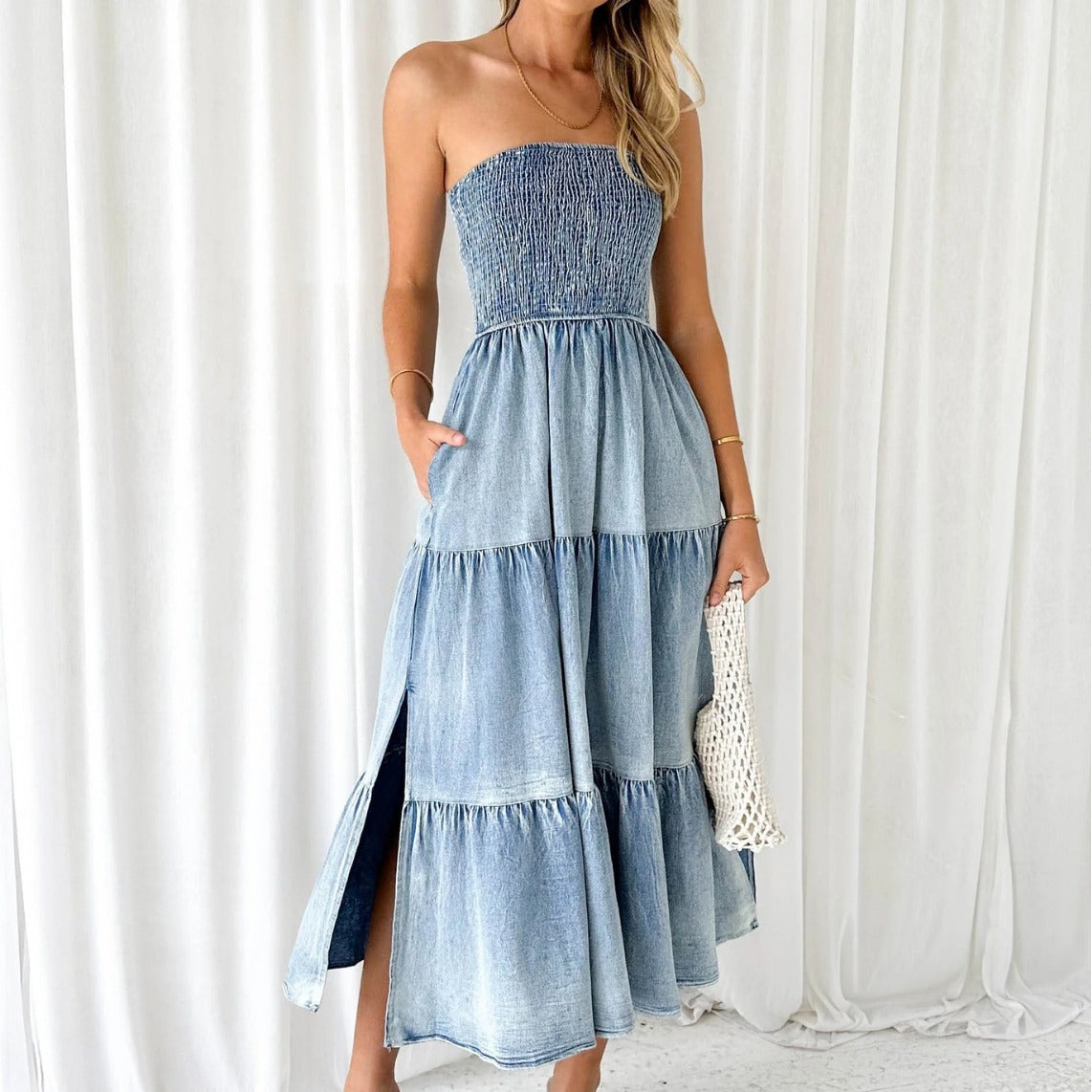 Strapless Long Denim Dress With A Slit