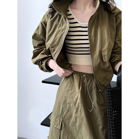 Short Jacket Drawstring Skirt Two Piece Outdoor Sports Cargo Suit