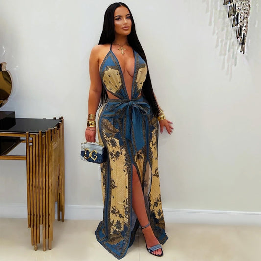 Retro Printed Deep V Plunge Waist Trimming Lace up Split Wide Leg Vacation Jumpsuit