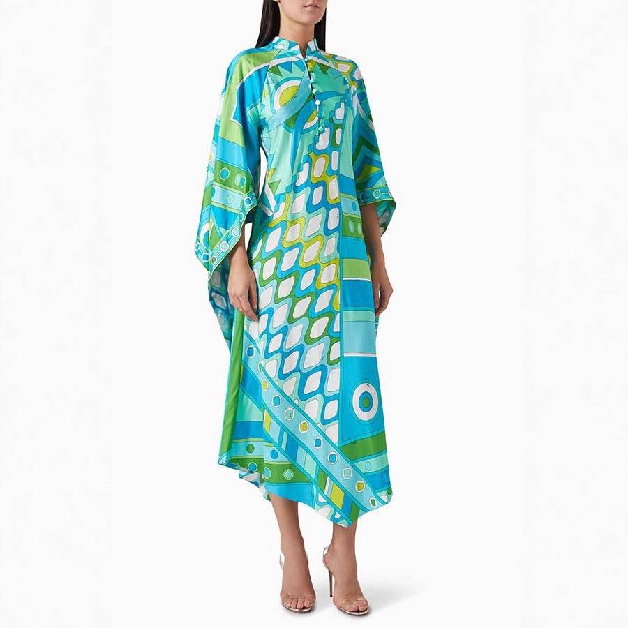 Abstract Print Long Sleeve Stand Collar Dress
