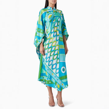 Abstract Print Long Sleeve Stand Collar Dress
