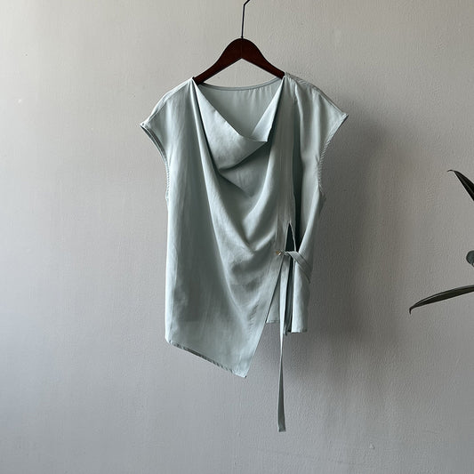 Swing Collar Tencel Shirt Women Summer Waist Controlled Self Tie Slit Sleeveless Shirt