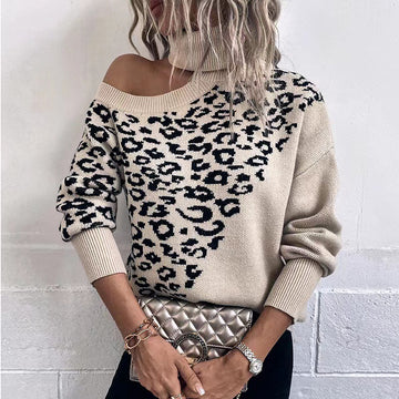 Leopard Print Shoulder Baring Long Sleeved Sweater