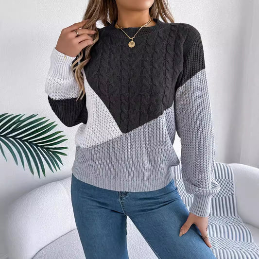Contrast Color Twist Knitted Long Sleeve Pullover