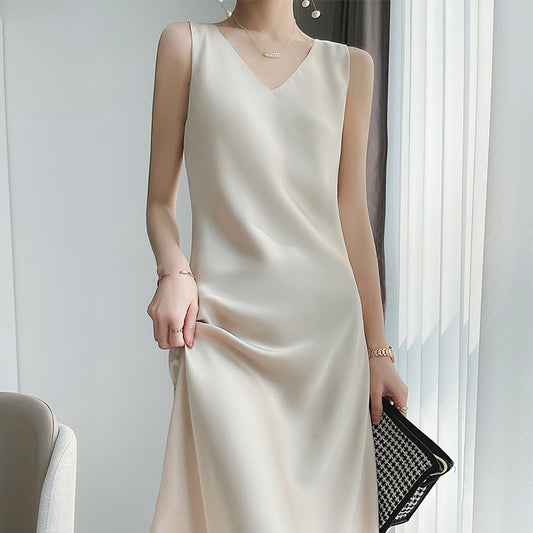 V neck Elegant Sexy Satin Light Slimming Midi Dress