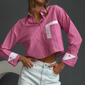 Striped Collared Long Sleeve Cropped Top