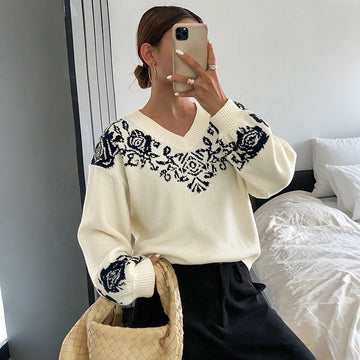 Autumn Winter Retro Jacquard V neck Loose Fitting Long Sleeve Sweater Women Clothing