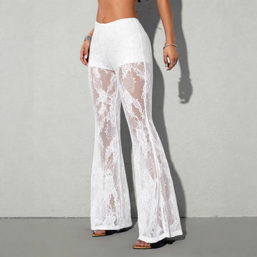 Lace Bell Bottom Pants Women Sexy See through Bootcut Pants