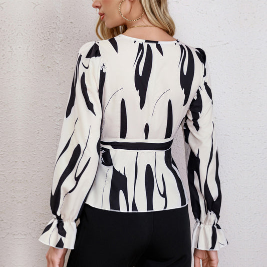 Black White Art Print Loose Tied Long Sleeve Shirt Top