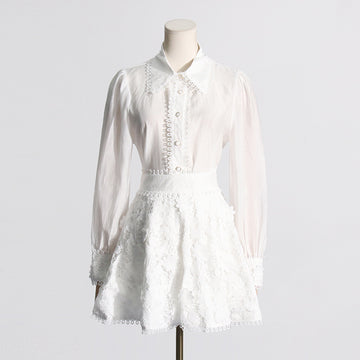 Elegant Single Breasted Shirt Fimbrilla Edge Skirt Set