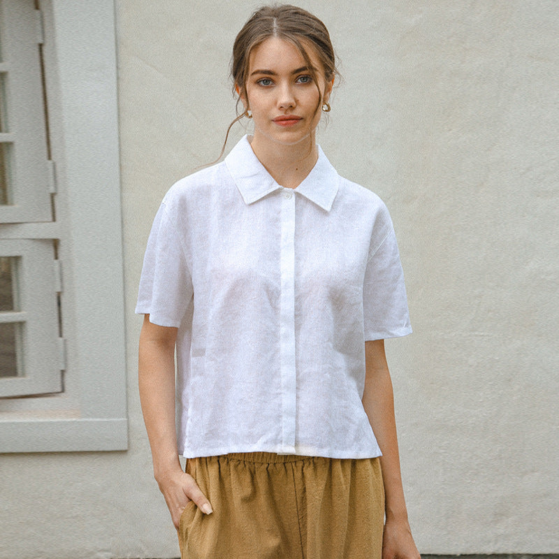 Pure Linen Collared Short Sleeve Top