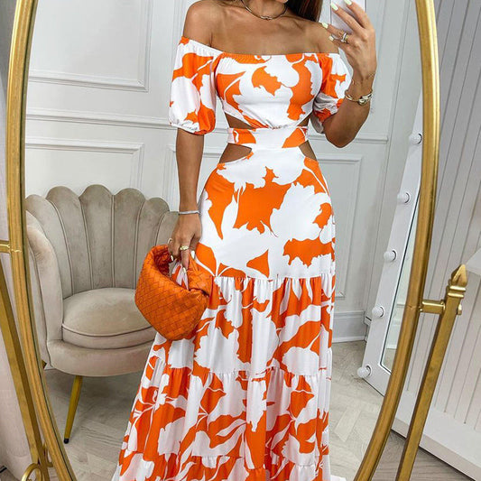 Printed off Shoulder High Waist Cutout Ruffled Dress