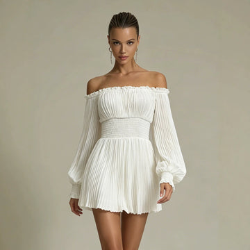 Pleated off Neck Long Sleeve Smocking Waist Trimming Casual French Dress