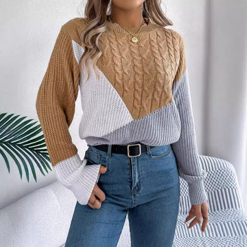Contrast Color Twist Knitted Long Sleeve Pullover