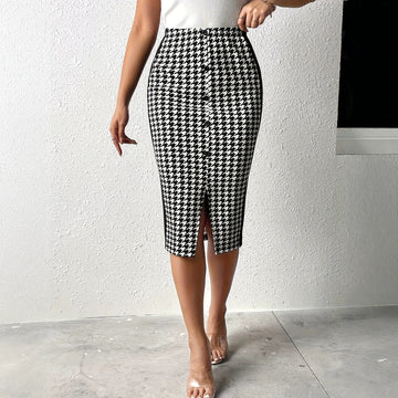 Women Clothing Skirt Elegant Houndstooth Patchwork Slit Elastic Waist Button Mid Length Slim Fit Skirt