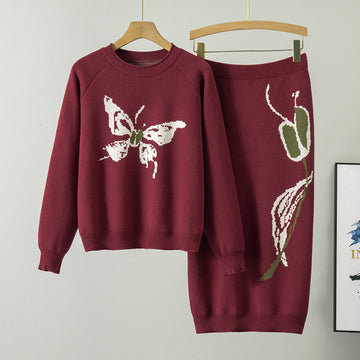 National Chinese Butterfly Knitted Skirt Two Piece Set