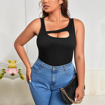 Asymmetric Shoulder Strap Hollow Cutout Solid Color Top
