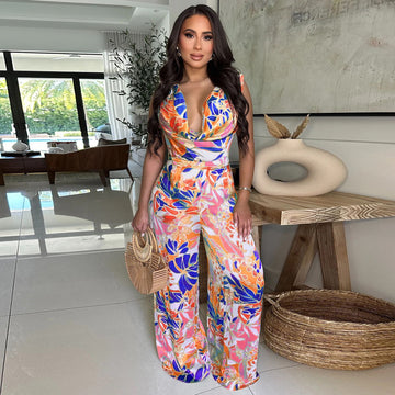 Sleeveless Lace up Wide Leg Printed Jumpsuit