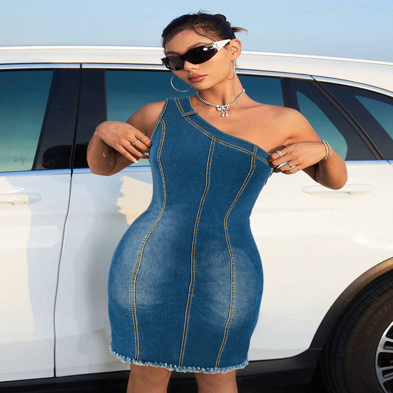 Denim Sleeveless Shoulder Tassel Dress