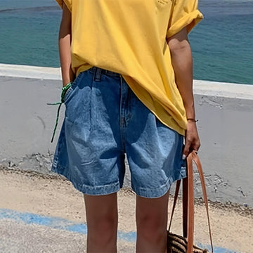 Waist Elastic Non Stretch Bamboo Denim Shorts