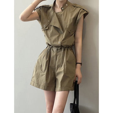 High Waist Drawstring Cargo Flying Sleeves Shirt Romper