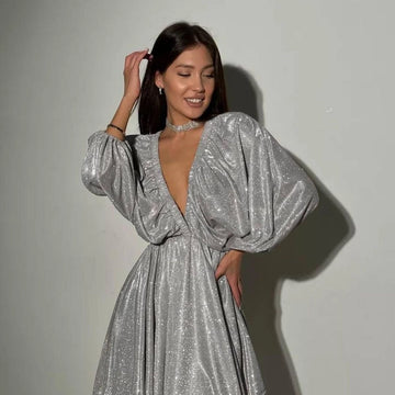 V Neck Long Sleeve Above Knee Dress