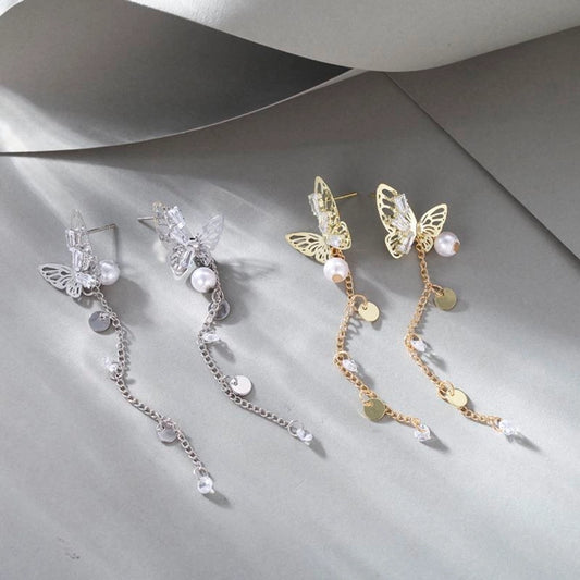 fairy style butterfly pearl alloy drop earrings