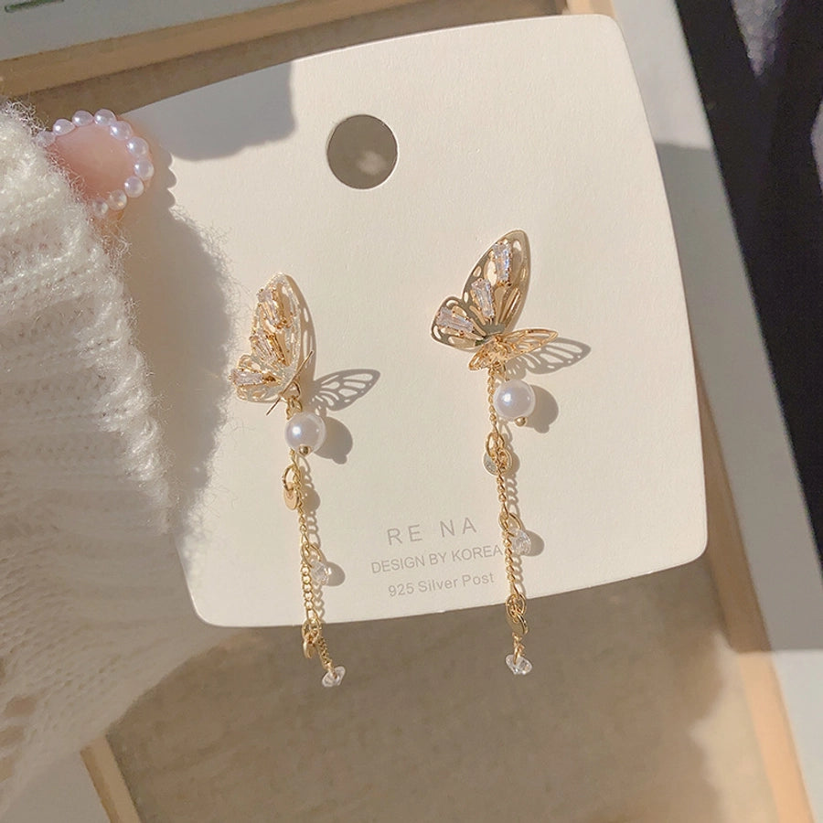 fairy style butterfly pearl alloy drop earrings